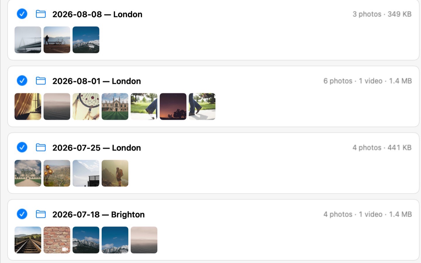 Photo Transfer for Mac: the folders it is about to create, grouped by event, before anything is copied